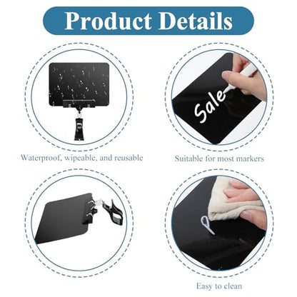 24 Pack Plastic Mini Chalkboard Sign with Clip, Rotating Price Signs Black Erasable Merchandise Sign Clip Holder for Business, Store, Retail, Shelf, Clothing Rack, Food