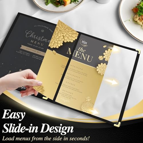 Flexzion Menu Covers 8.5 x 11 Inch - Book Style Menu Holders for Restaurant, Hotel, Cafe, Bar & Pubs - Transparent Clear Menu Covers with 3 Page 6 View, (30 Packs) Menu Folders with Gold Metal Corner - size: 30 pack