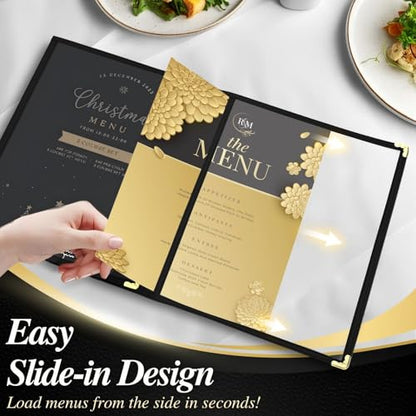 Flexzion Menu Covers 8.5 x 11 Inch - Book Style Menu Holders for Restaurant, Hotel, Cafe, Bar & Pubs - Transparent Clear Menu Covers with 3 Page 6 View, (30 Packs) Menu Folders with Gold Metal Corner - size: 30 pack