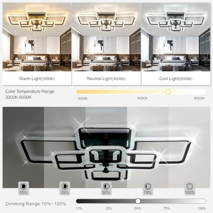 41.3in Modern Ceiling Light Fixture,Crystal Led Ceiling Lights for Living Room Light Fixture,White 8 Square Crystal Frame Dimmable with Remote Controller - color: Black, size: L41xW33in,8Light