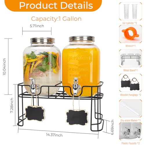 2 Pack 1 Gallon Glass Drink Dispensers with Stand, Ice Core, Spigot - size: 2 Pack 1 Gallon with Aluminum lid