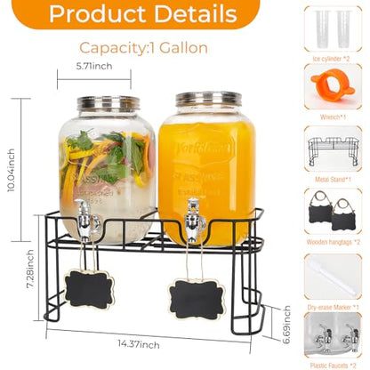 2 Pack 1 Gallon Glass Drink Dispensers with Stand, Ice Core, Spigot - size: 2 Pack 1 Gallon with Aluminum lid