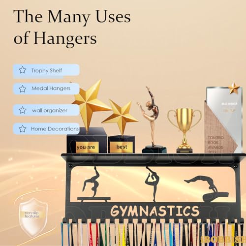 iBobbish Metal Medal Hanger Display,Non-Slip Trophy Shelf with 20 Hooks,Wall Mount,Heavy Duty,Non-Bent,Holds 22-33lbs,for Gymnastics,Race,Soccer,Swim - color: Black, style: NON-SLIP GYMNASTICS