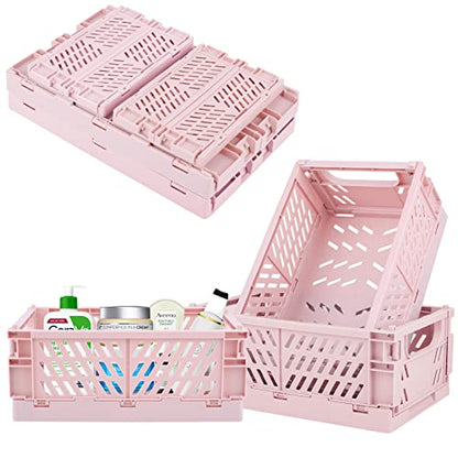 4 Pack Collapsible Small Storage Bins and Baskets, Desk and Locker Organizer Bins, 2 Medium + 2 Small Foldable Plastic Crates for Classroom, Craft and Bathroom(Pink) - color: Pink
