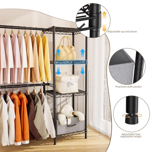 Golpart Heavy Duty Clothing Rack with Adjustable Shelves Clothes Wardrobe - color: Black, size: 15"DX(70-87)"WX74.5"H