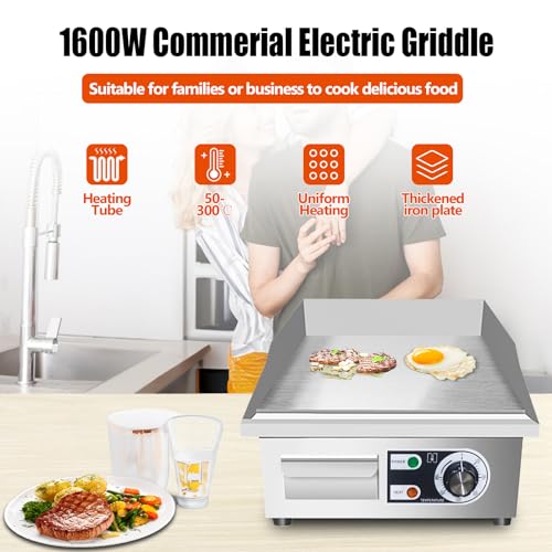 14" Commercial Electric Griddle,Electric Countertop Flat Top Griddle,110V 1500W Electric Flat Top Grill,Non-Stick Restaurant Teppanyaki Stainless Steel Grill,Adjustable Temperature Control - style: 14''