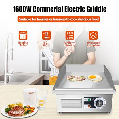 14" Commercial Electric Griddle,Electric Countertop Flat Top Griddle,110V 1500W Electric Flat Top Grill,Non-Stick Restaurant Teppanyaki Stainless Steel Grill,Adjustable Temperature Control - style: 14''
