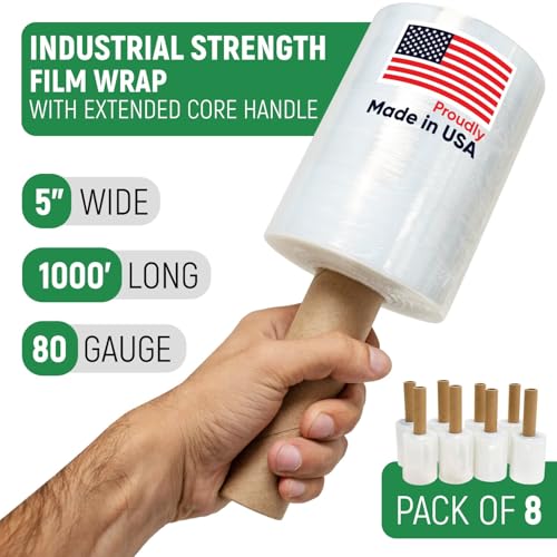 5" x 1000' Industrial Strength Stretch Wrap with Extended Handle, Pack of 8 - size: Pack of 8