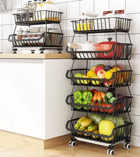 BEEY Metal Storage Baskets with Wheels, Metal Wire Market Basket Storage Organizer Cart Rolling Stackable Storage Bins for Kitchen,Pantry,Bedroom (Black, 5 Tier) - color: Black, size: 5 Tier