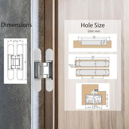 4-Pack 6 inch Hidden Door Hinges Heavy Duty Silver, Invisible Concealed Hinges Zinc Alloy 6''x 2.5''x1Inch, 180 Degree Swing Hinge, 3 Way Adjustable Hinge with Pins and Screws - color: Silver, size: 6 Inch