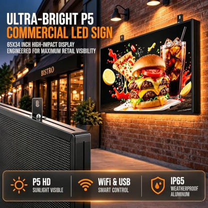 P5 Outdoor 65"x34" LED Sign Programmable Digital Board -High-Res Scrolling Display, USB and WiFi Control, Custom Images & Video for Business
