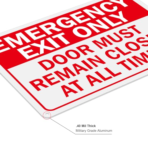 2 Pack Emergency Exit Only- Door Must Remain Closed at All Times Sign, 10x7Inch Aluminum Emergency Exit Only Keep Door Closed Sign, UV Protected and Weatherproof, Easy to Install, Indoor/Outdoors Use
