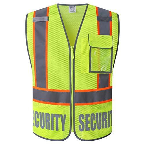 Class 2 Retro-Reflection Security Safety Vests Heavy Duty Yellow Mesh with 5 Pockets and Front Zipper Meet ANSI/ISEA 107-2015(Yellow-22, Medium) - color: Yellow, size: Medium