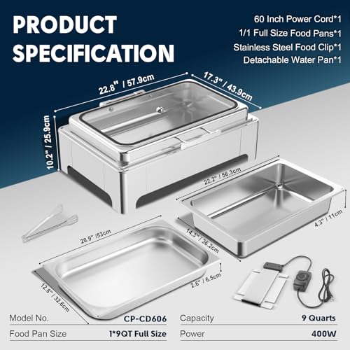 9QT Electric Chafing Dish, Full Size Buffet Warmer with Glass Lid - size: 606-Full Pan