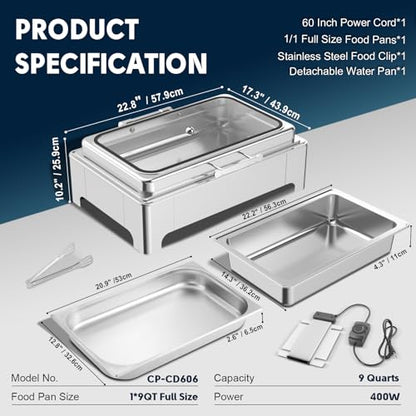 9QT Electric Chafing Dish, Full Size Buffet Warmer with Glass Lid - size: 606-Full Pan
