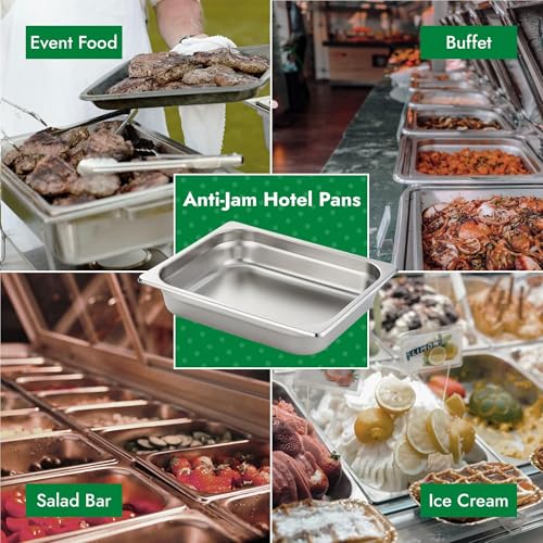 HECMAC 6 Pack Anti-Jam Hotel Pans, 1/2 Size 4 Inch Deep, Heavy Duty, Commercial Stainless Steel Chafing Steam Table Pan, Catering Storage Metal Food Pan, 23 Gauge - size: 1/2 Size, 4" Deep