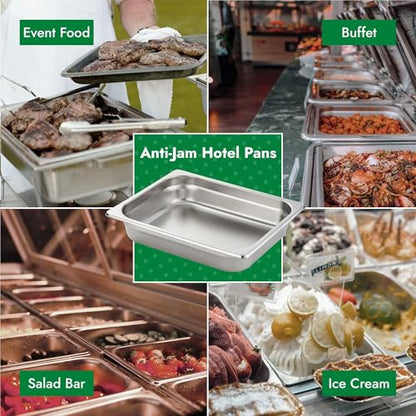 HECMAC 6 Pack Anti-Jam Hotel Pans, 1/2 Size 4 Inch Deep, Heavy Duty, Commercial Stainless Steel Chafing Steam Table Pan, Catering Storage Metal Food Pan, 23 Gauge - size: 1/2 Size, 4" Deep