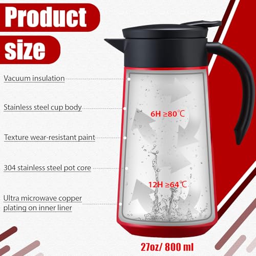 Ziliny 2 Pcs 27oz Thermal Coffee Carafe Stainless Steel Coffee Pot for Keeping Hot/cold Insulated Double Walled Vacuum Tea Pot with Press Button Drink Beverage Dispenser for Milk Tea(Red) - color: Red