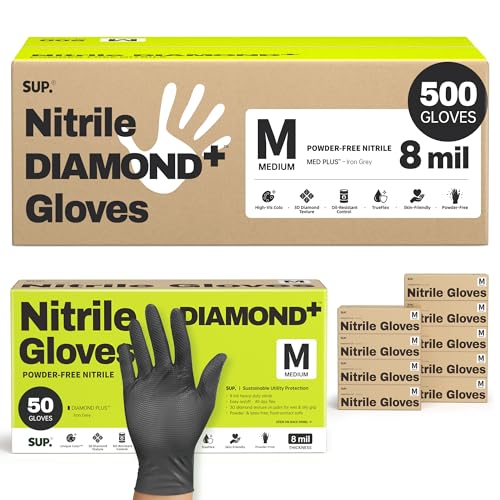 SUPER+ Disposable Nitrile Gloves, 8 Mil Diamond Powder-Free Latex-Free Food Safe Chemical Resistant Heavy Duty, Black 500 Ct - color: Medium (Black)