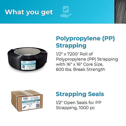 IDL Packaging Refill for 1/2" Polypropylene (PP) Strapping Kits for Packaging Strapping - 1/2" x 9000' Polypropylene Strapping Roll of 16" x 6" Core Size and 1000 of 1/2" Open Seals - size: 16" x 6" Core Coil + 1000 Seals, style: 300 lbs Break Strength