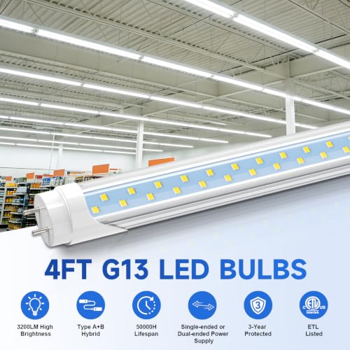 JESLED 12 Pack Type A+B T8 LED Bulbs 4 Foot, 24W 3200LM, 5000K Daylight