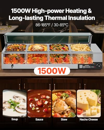 VEVOR Commercial Food Warmer, 1500W Electric Stainless Steel Steam Food Warmer with Glass Cover, 4-Pan Countertop Buffet Bain Marie with Soup & Perforated Ladles, for Catering, Restaurant & Party - size: 4x1/2Pan;48QT