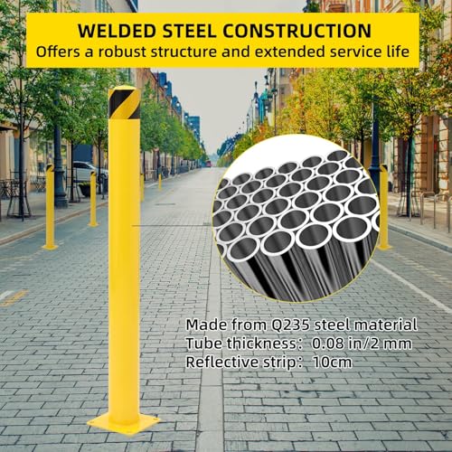 4-Pack Heavy Duty Safety Bollards, 48" Height, 4.5" Diameter Steel Pipe Bollard Post with 16 Anchor Bolts, High-Visibility Yellow Parking Bollard for Traffic Control, Warehouses, & Pedestrian Safety - size: 48 inch