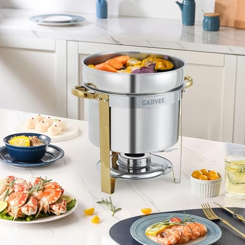 GarveeHome 7QT Round Soup Chafer Sets of 4, Commercial Soup Warmer with Pot, Notched Lids & Fuel Holders, Stainless Steel Food Warmer for Buffets Parties Wedding Banquets Catering, Gold - color: Gold, size: 7QT-4 Pcs