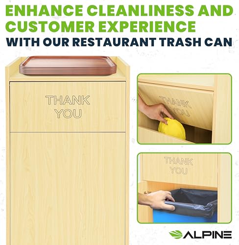 Alpine Restaurant Trash Can Cabinet with Tray Holder - Thank You Trash Can, Commercial 40 Gallon Garbage Can Cabinet for Restaurants, Cafeterias (Oak) - color: Oak