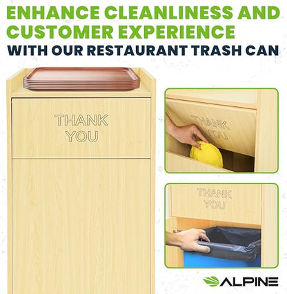 Alpine Restaurant Trash Can Cabinet with Tray Holder - Thank You Trash Can, Commercial 40 Gallon Garbage Can Cabinet for Restaurants, Cafeterias (Oak) - color: Oak