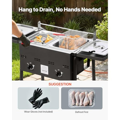 VEVOR Outdoor Propane Deep Fryer, Double Burners Commercial Fryer, 16 Qt Stainless Steel Cooker with Removable Baskets & Lids & Tanks, Oil Fryer Cart with Thermometer & Regulator, For Outdoor Cooking - size: 16QT(8QTX2)