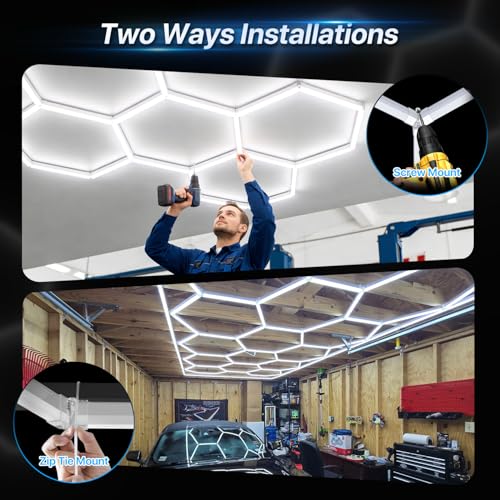 HYPERLITE Gen II Hexagon Garage Lights: 399W 39900LM 14 Grids Hexagon Led Light, 6500K Ultra Bright Honeycomb Hex Lights, Easy Install, Durable Design for Garage, Car Detailing, Workshops, Shops, Gym - size: 14 HEX