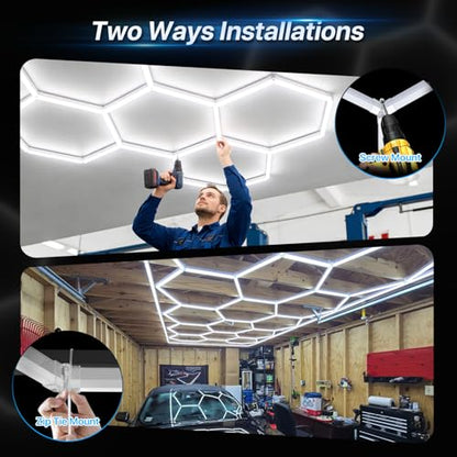 HYPERLITE Gen II Hexagon Garage Lights: 399W 39900LM 14 Grids Hexagon Led Light, 6500K Ultra Bright Honeycomb Hex Lights, Easy Install, Durable Design for Garage, Car Detailing, Workshops, Shops, Gym - size: 14 HEX