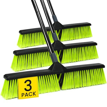3 PK 24" Push Broom Outdoor, Heavy Duty Broom with 63" Long Handle, Shop Garage Broom with Stiff Bristle for Indoor Outdoor Floor Cleaning, Garden Patio Deck Warehouse Lawn Driveway Scrubbing