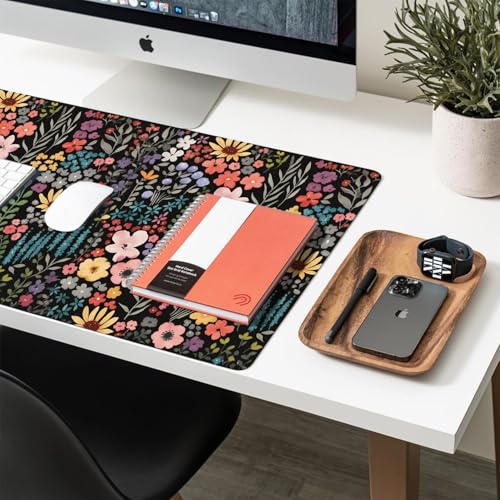 Floral Desk Mat, Cute Flower Large Mouse Pad, Black 27.5"x13.8" - color: A Flowers - Black, size: 27.5" x 13.8"
