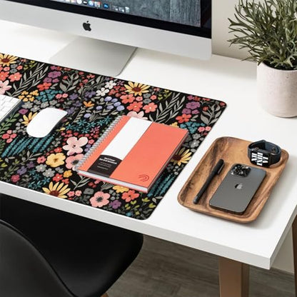 Floral Desk Mat, Cute Flower Large Mouse Pad, Black 27.5"x13.8" - color: A Flowers - Black, size: 27.5" x 13.8"