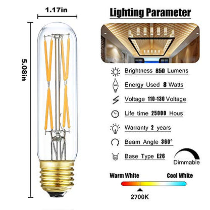T10 Led Bulb, 8W Dimmable Led Tubular Bulbs, 75-100 Watt Equivalent,850lm, Clear Glass, E26 Base Lamp Bulb, for Cabinet Display Cabinet etc. (2700K Warm White, 6-Pack) - color: 8w=80w-2700k-6p