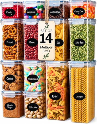 DWËLLZA KITCHEN Set of 14 Airtight Food Storage Containers for Pantry Organization and Storage - Sugar, Flour, Pasta, Spaghetti Plastic Air tight Kitchen Storage Containers With Lids, Labels & Marker - color: 04 - (Set of 14)