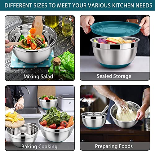 LIANYU Metal Nesting Mixing Bowls Set of 6, Size 7, 3.5, 2.5, 2, 1.5, 1QT - color: Dark Blue, style: Anchor Base with Airtight Lids