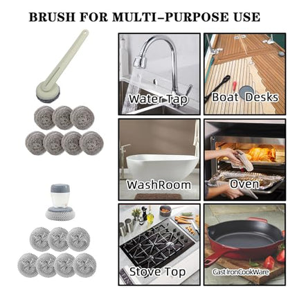 Stainless Steel Wool Brush Dish Scrubber with Handle Replacement Heads - Steel Scrubbing Scouring Pad Set of 16, Kitchen Cleaning Metal Dish Scrubber for Washing Dishes Grate Pot Pan Sink