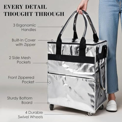 Reusable Grocery Bag on 4 Swivel Wheels, 60L Large Rolling Tote Bag - color: Silver