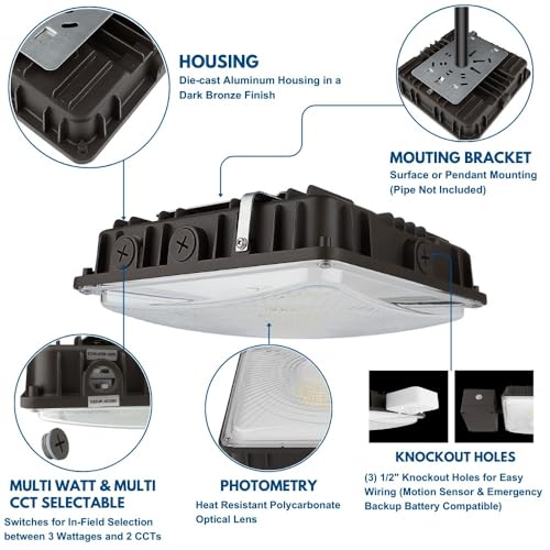 Konlite 63W/45W/30W LED Canopy Light - Selectable - 5000K/4000K - 9,360LM - Dimmable - 120-277V - 250W Equal, Residential & Commercial Indoor & Outdoor Light Fixture, UL, Dark Bronze - color: Bronze, size: 1 PACK - 63W/45W/30W
