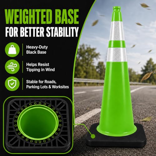 BESEA 6 Pack 36 Inch Green Traffic Cones with Wide Weighted Base - size: 36 inch