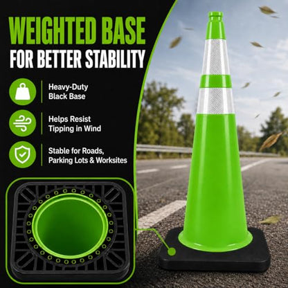 BESEA 6 Pack 36 Inch Green Traffic Cones with Wide Weighted Base - size: 36 inch