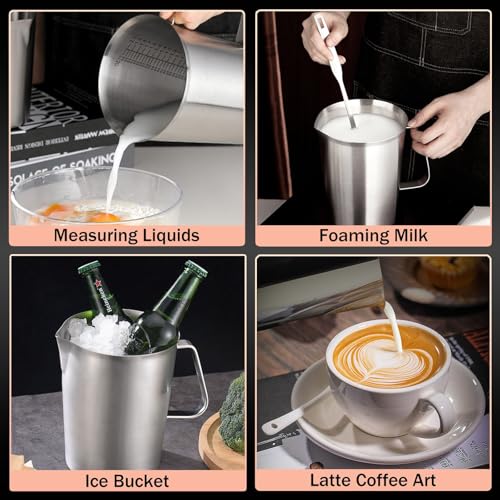 Stainless Steel Pitcher with Lid, 70 oz Large Metal Measuring Cup with Handle, 8 Cup Milk Frothing Jug 2 Liter Water Pitcher for Coffee Latte Art Cappuccino Espresso Machine Accessories