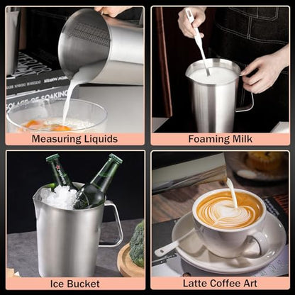 Stainless Steel Pitcher with Lid, 70 oz Large Metal Measuring Cup with Handle, 8 Cup Milk Frothing Jug 2 Liter Water Pitcher for Coffee Latte Art Cappuccino Espresso Machine Accessories