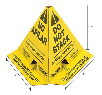 Global Industrial Trilingual "Do Not Stack" Printed Pallet Cones, 8"W x 8"L x 10"H, Corrugated Cardboard Construction, Yellow, 50/Pk, Prevents Double Stacking, Ships Flat