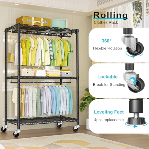 FUTASSI Rolling Clothes Rack, Clothing Racks for Hanging Clothes, Black - color: Black, size: P3 Plus