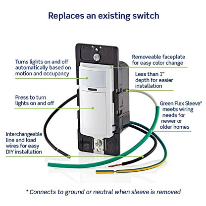 Leviton Motion Sensor Light Switch, Motion Activated, Auto-On/Auto-Off or Manual-On, 2A, No Neutral Wire Required, Single Pole, DOS02-LW, White - color: White