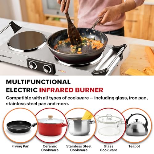 Techwood Electric Stove, Double Infrared Ceramic Hot Plate for Cooking, Two Control Cooktop Burner, Portable Anti-scald handles Suitable for Office/Home/Camp Use, 1800W Compatible for All Cookwares - color: Silver, size: Infrared Ceramic Double Burner